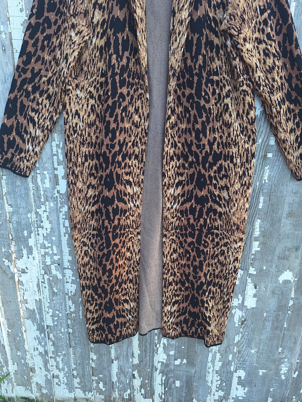 Tahari Leopard-Print Long Cardigan Coat - Brown/Black - Picture 4 of 7